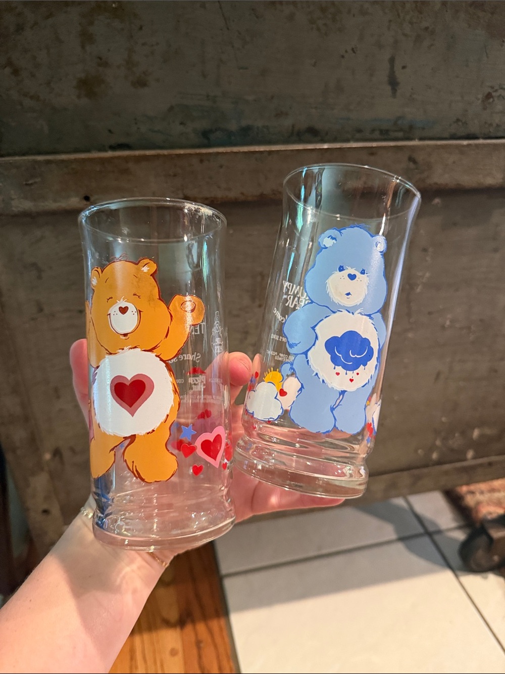 Vtg 1983 Care Bears GRUMPY BEAR & TENDERHEART Pizza Hut Promo Drinking Glasses